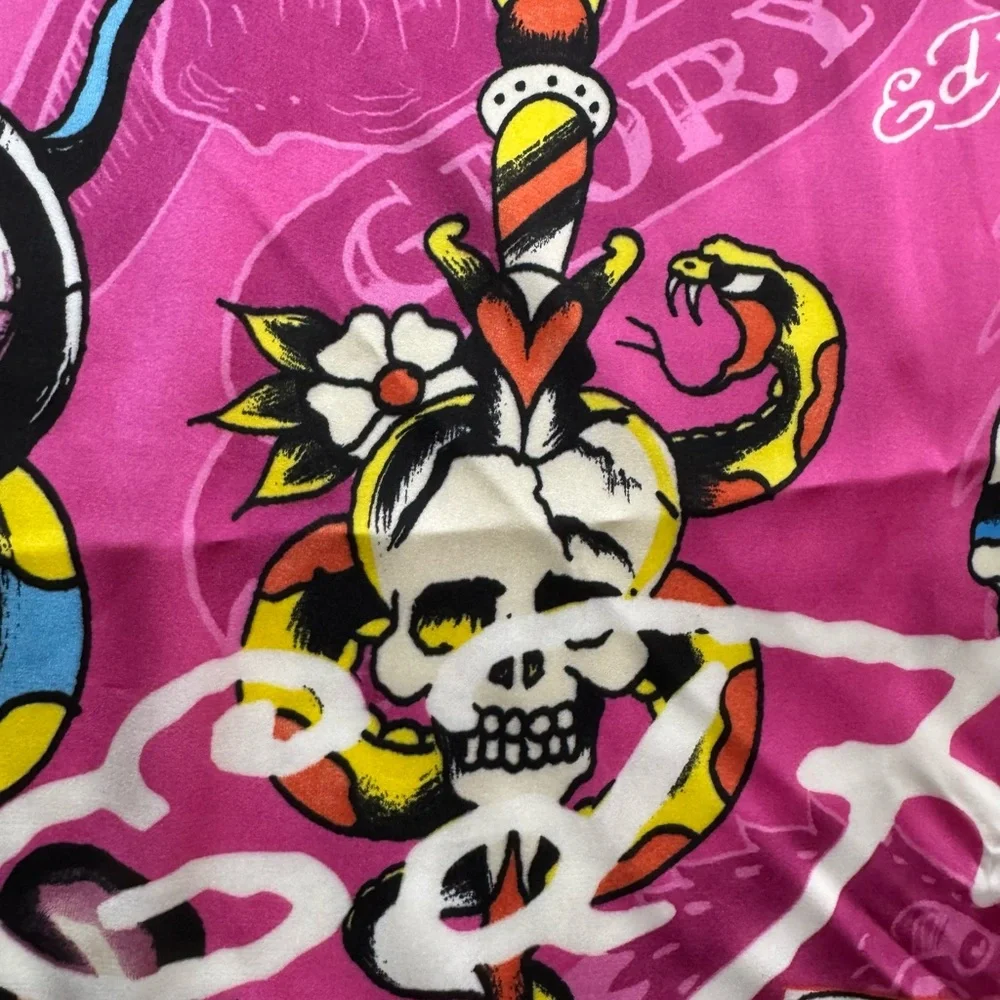 Ed Hardy Pink Skull Snake Tattoo Print Satin Scarf Wrap Y2K 43x43‎
